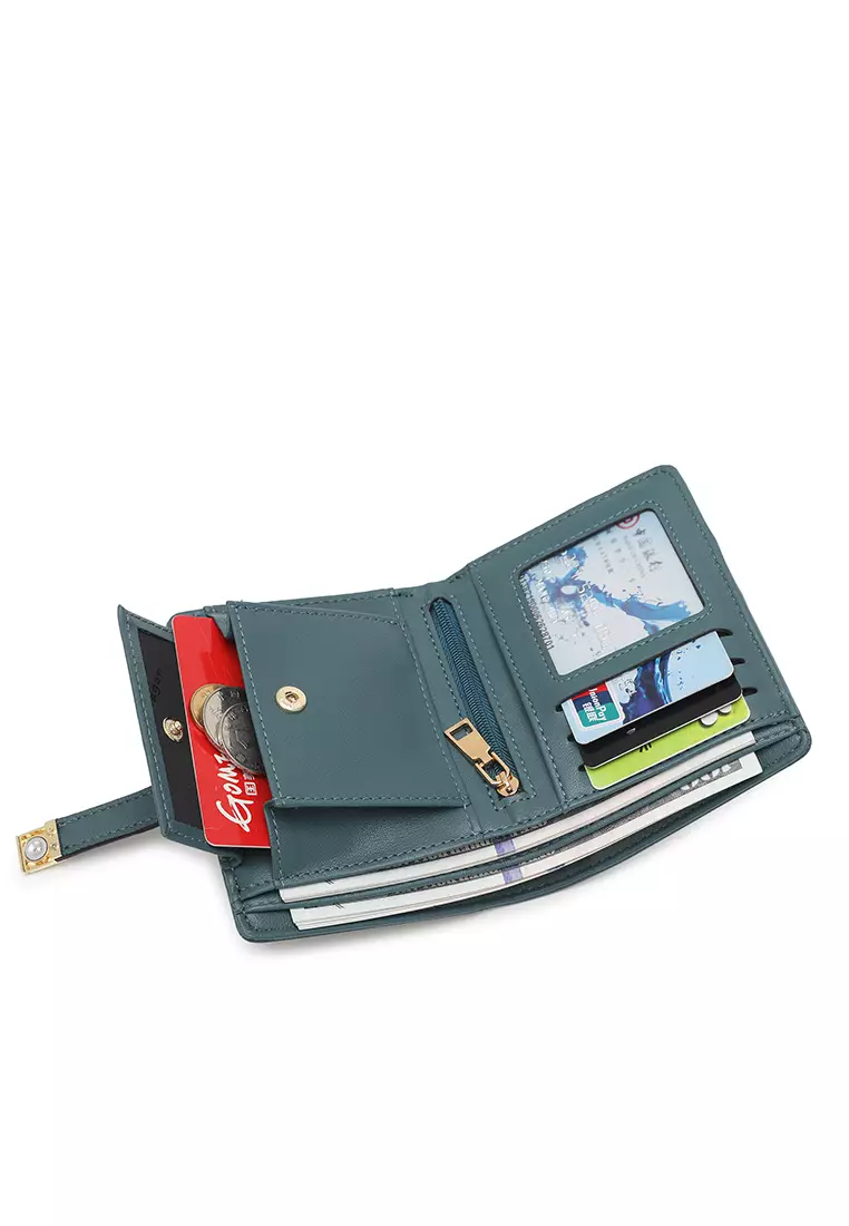 女士雙折長夾 / 零錢包 (Women's Pin Button Bi Fold Leather Long Wallet / Purse With Coin Compartment)