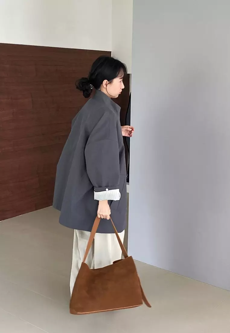 New silhouette mid-length workwear loose stand collar trench coat K091604GY