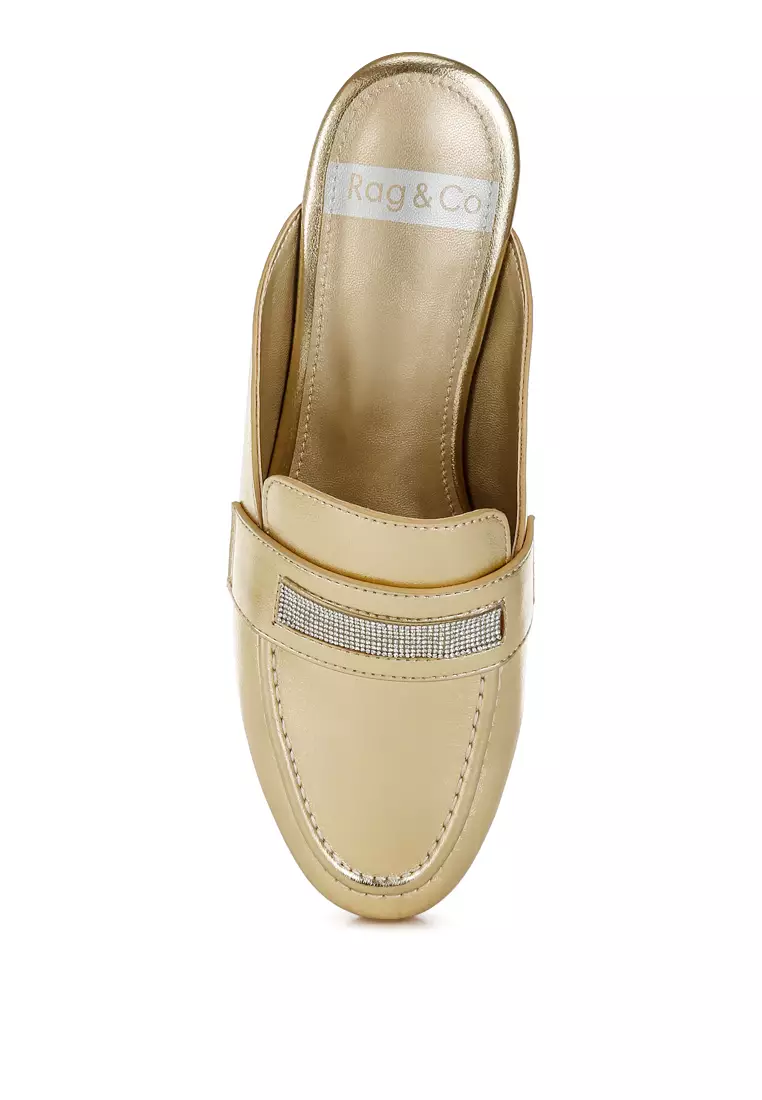 Rhinestones Slip On Mules in Gold