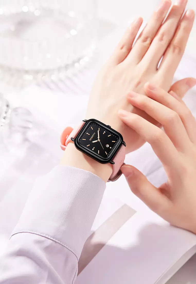 Jam Tangan Wanita Original Square Anggun Tali Silikon Anti Air Merah Jambu