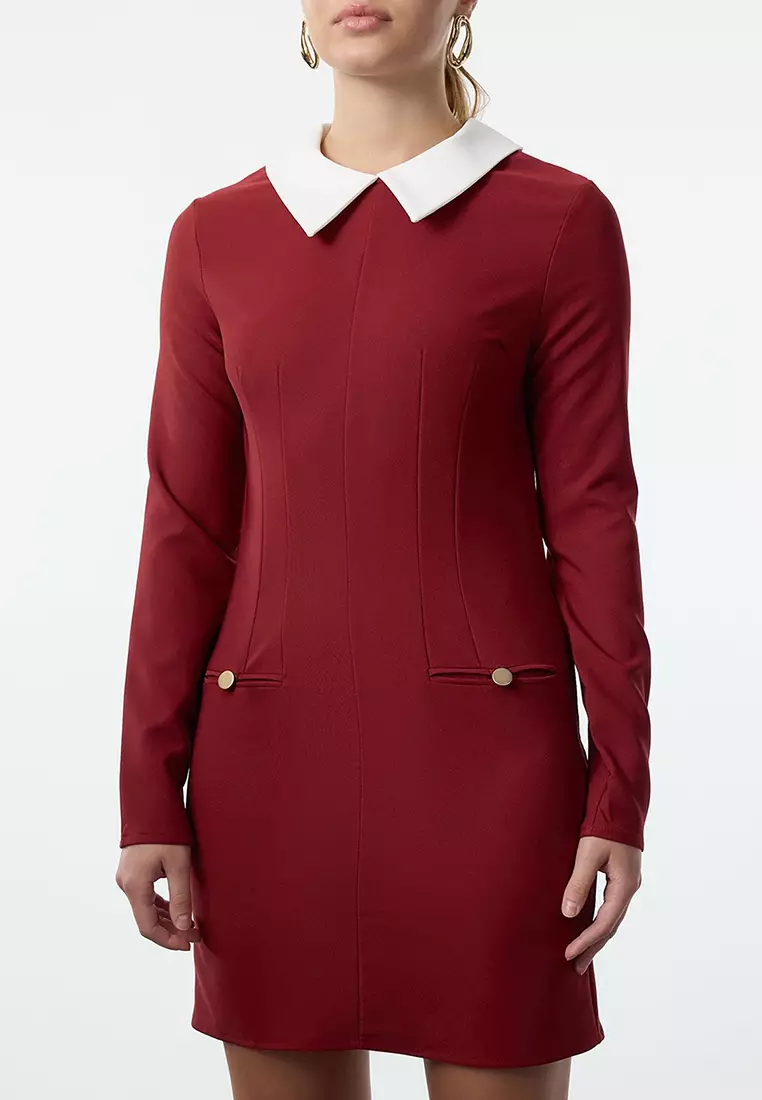 Burgundy Collar Detailed Woven Dress TWOAW24EL00298