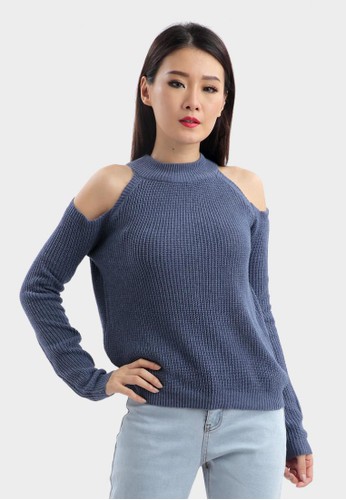 Cut Out Long Sleeve Blouse in Blue