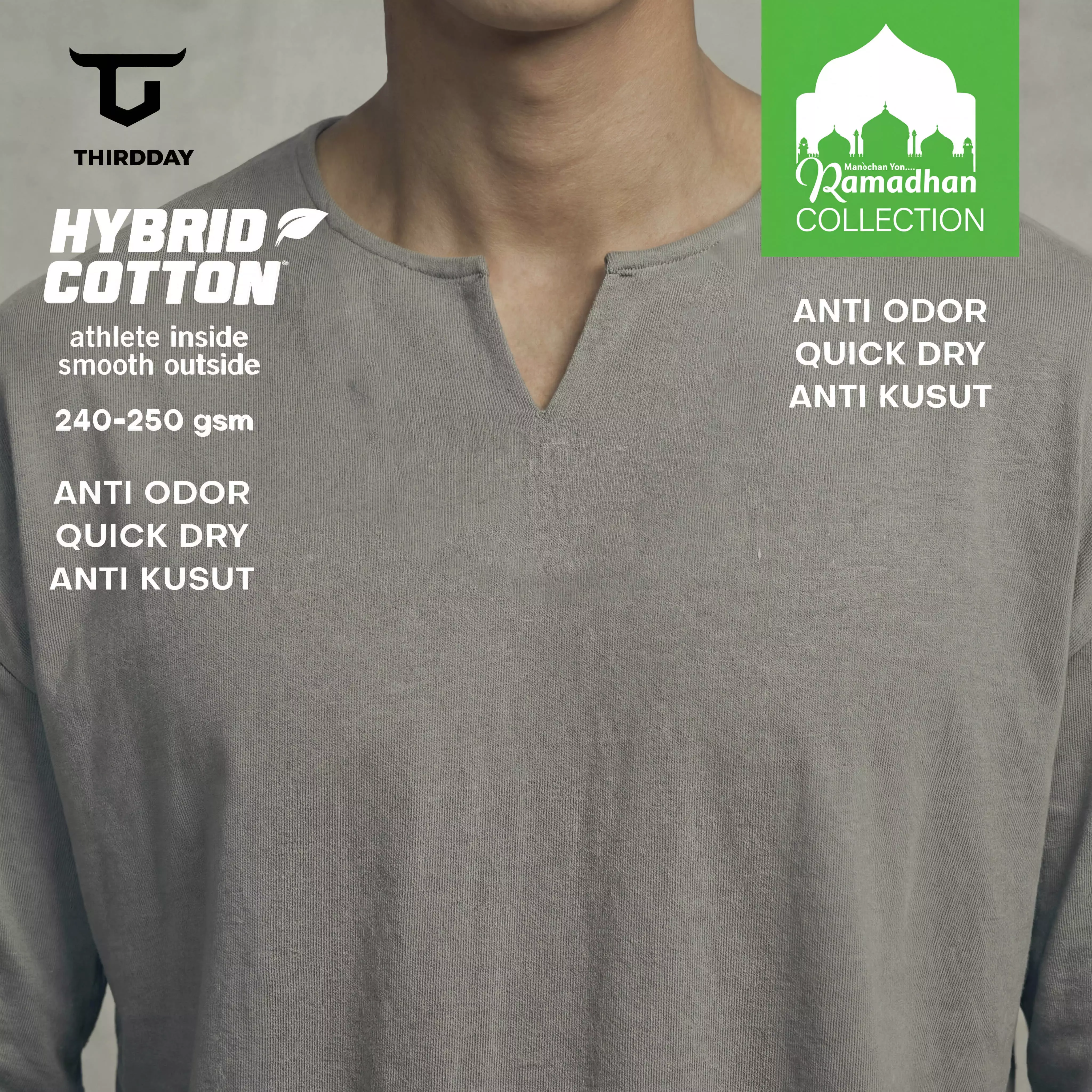 THIRDDAY Baju Koko Oversize Pria Lengan Panjang Kalcer Hybrid Cotton 240gsm abu muda MTZ15