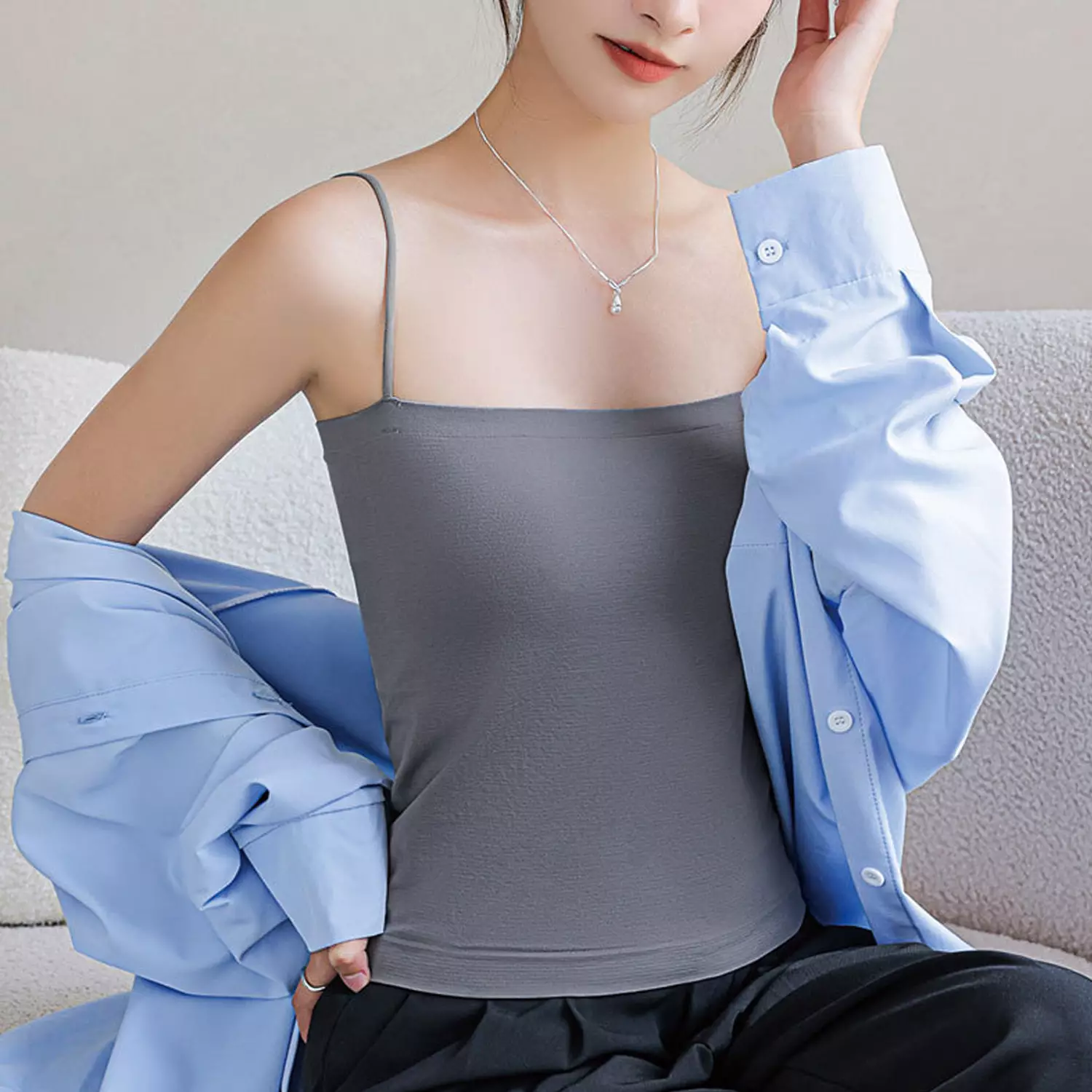 Wakakids Tanktop Bra With Cup Wanita Basic Square Tali Spaghetti Polos Tanpa Kawat 4503 Venrc Abu