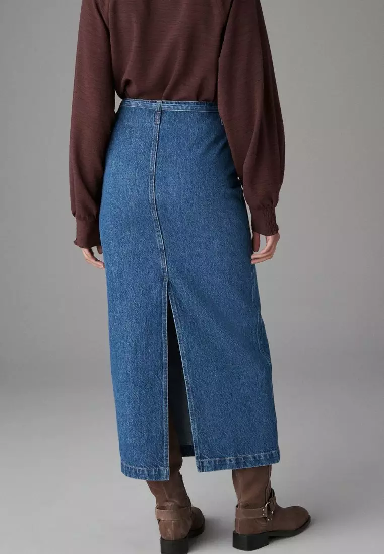 100% Cotton Belted Pocket Stitch Midi Skirt