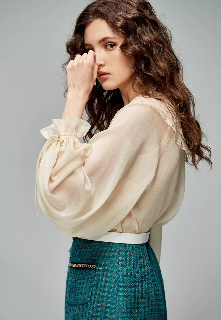 Chiffon Top With Lace Bertha Collar