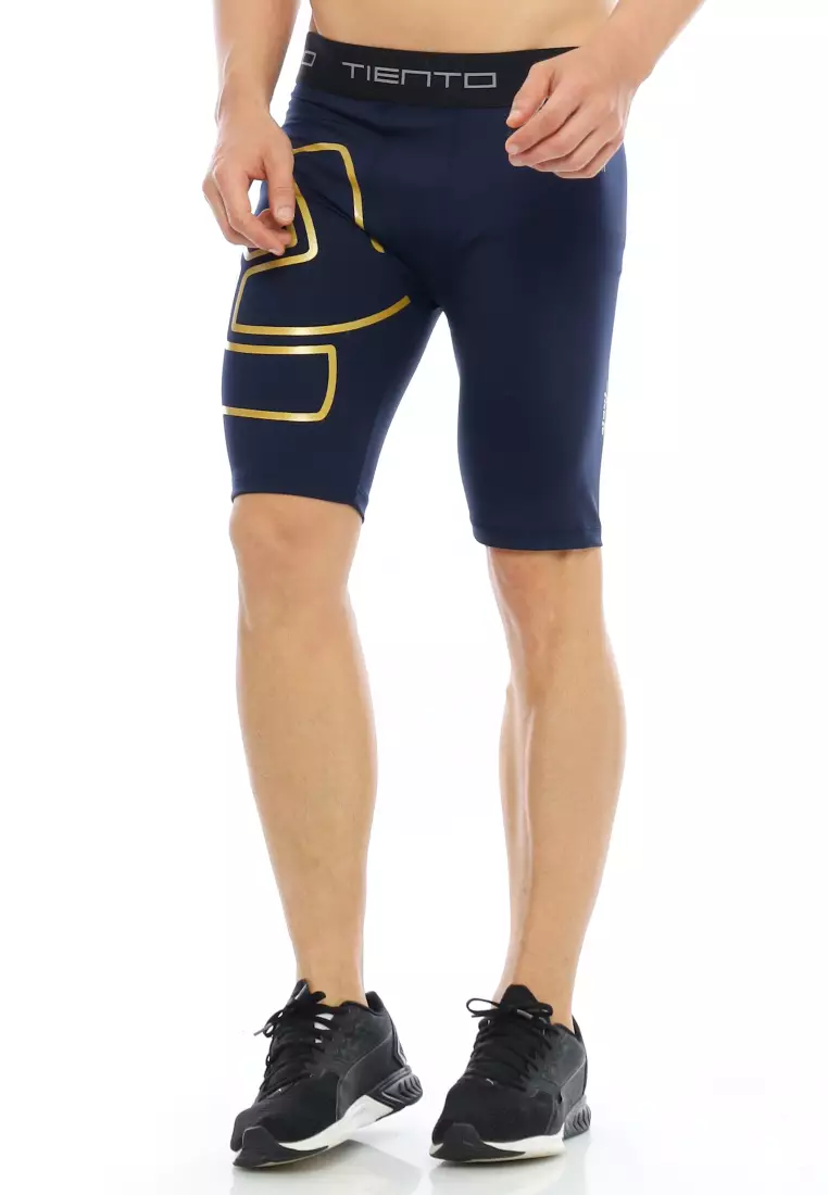 Tiento Baselayer Leging Celana Pendek Ketat Olahraga Pria Legging Sport Short Pants EXO Series Navy Gold Men