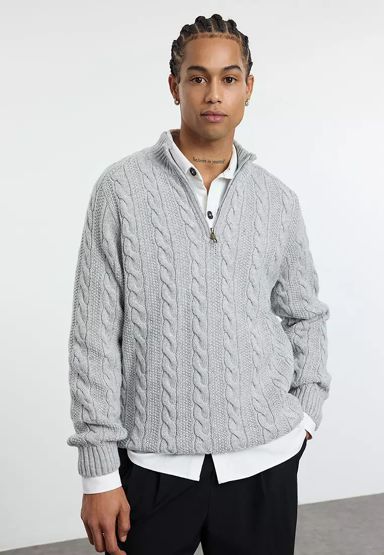 Grey Unisex Regular Fit Zippered Half Turtleneck Knit Sweater TMNAW21KZ0737