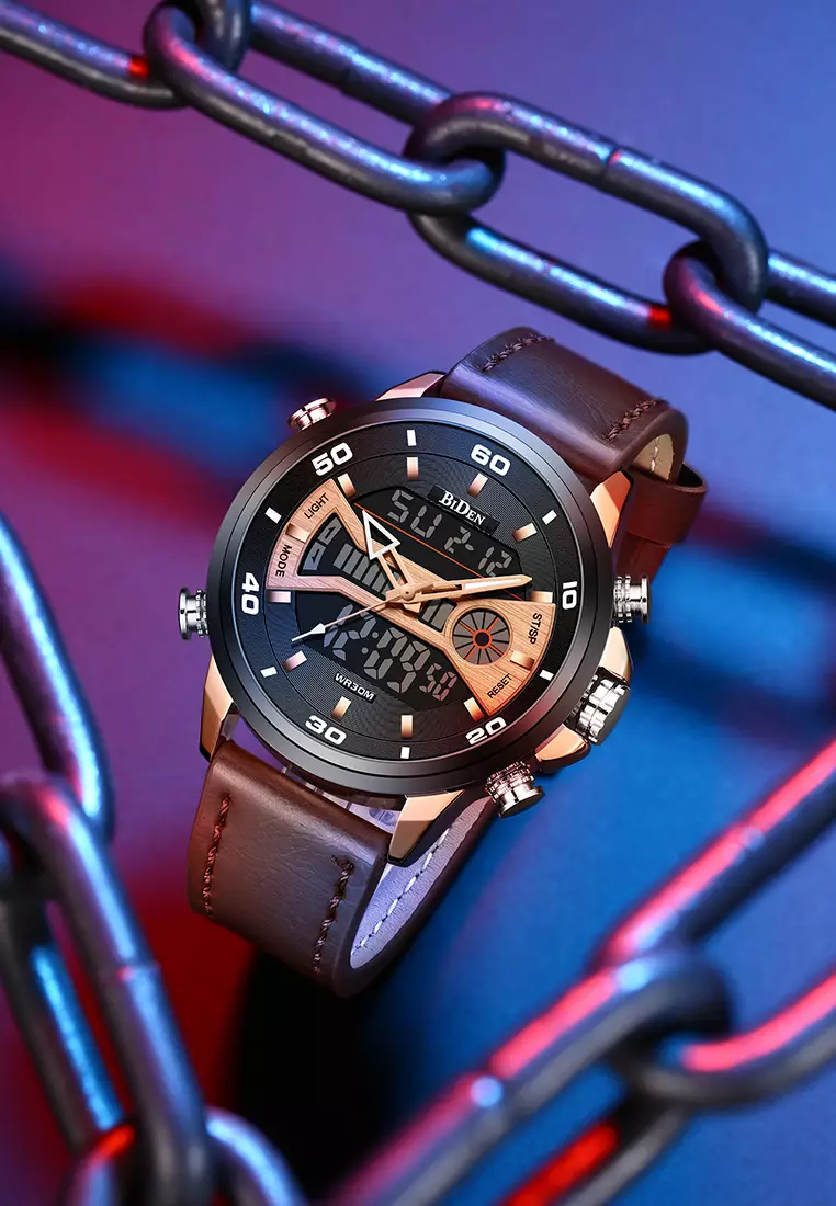 Jam Tangan Pria Olahraga Dual Movement Tampilan Tanggal Chronograph Anti Air Kuarsa Tali Kulit