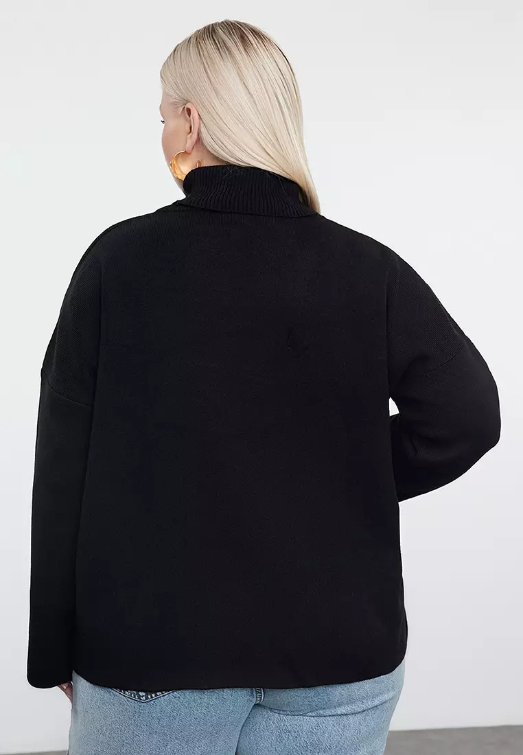 Black Turtleneck Wide Pattern Knitwear Sweater Tbbaw25An00019
