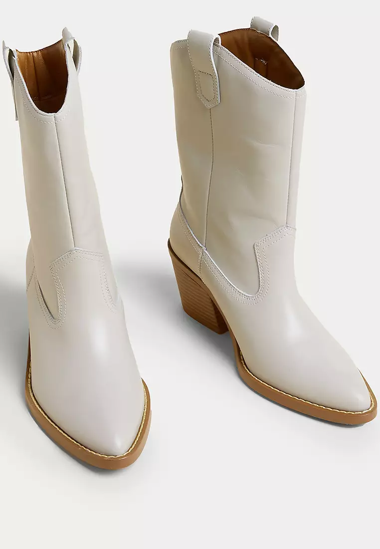 Leather Cow Boy Block Heel Ankle Boots