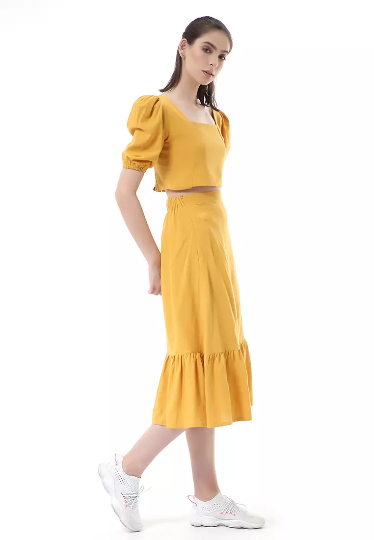 Nayra One Set Setelan Wanita Blouse Ruffle Lengan Pendek Midi Skirt Material Linen ORIGINAL - Mustard