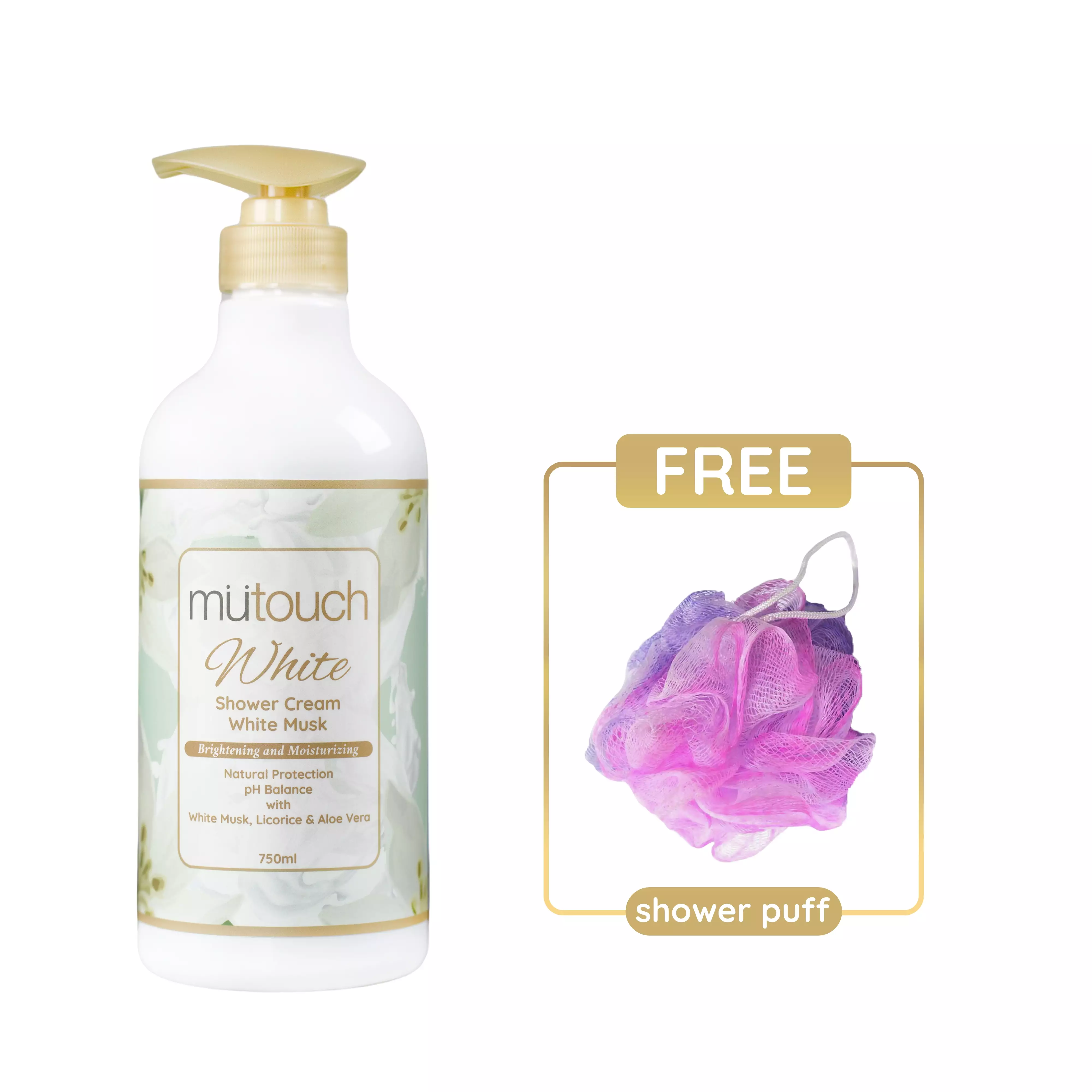 Mutouch White Shower Cream Brightening and Moisturizing – White Musk 750ml FREE SHOWER PUFF
