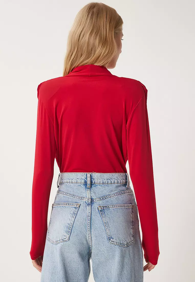 Women's Red Wrap Collar Padded Snap Sandy Blouse Zh00039