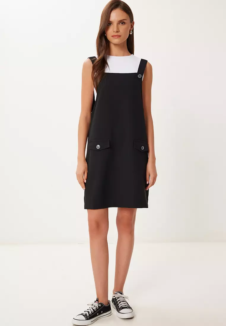 Women's Black Mini Woven Salopet Dress Mx00208