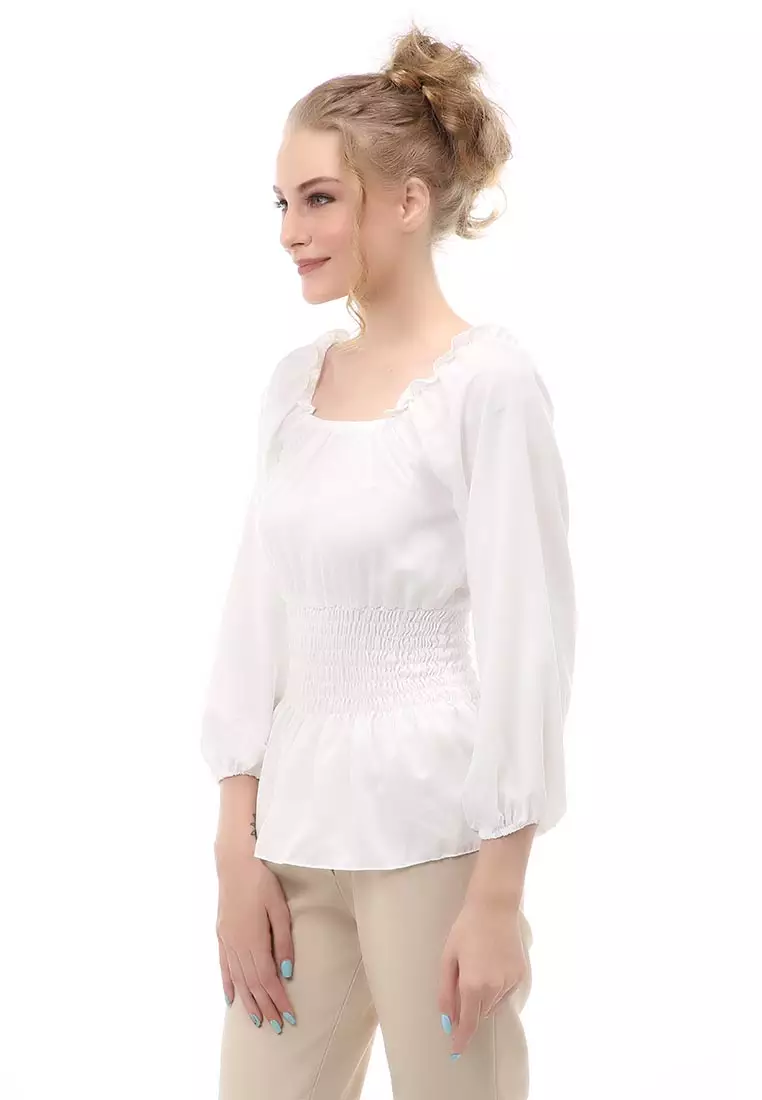 Cheva Blouse Atasan Wanita Sabrina Karet Pinggang Lengan Panjang Casual Shirt Long Sleeve Material Wolfis ORIGINAL