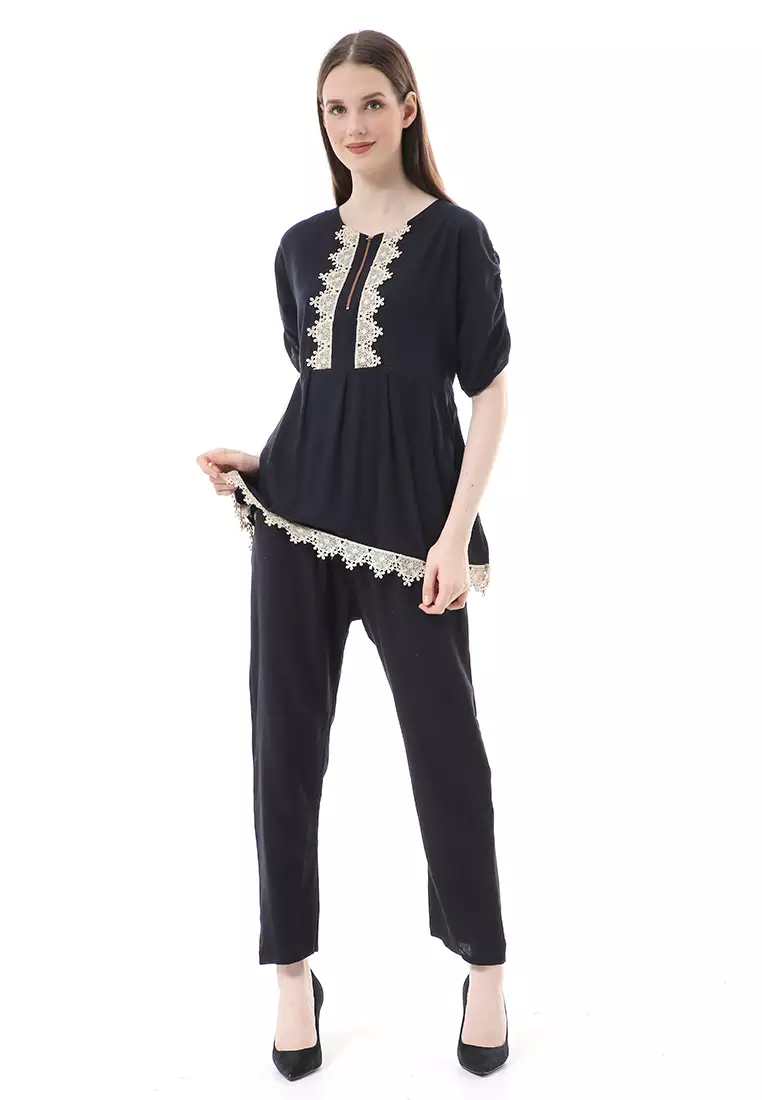 Zemira Piyama One Set Atasan Bawahan Wanita High Quality - Hitam
