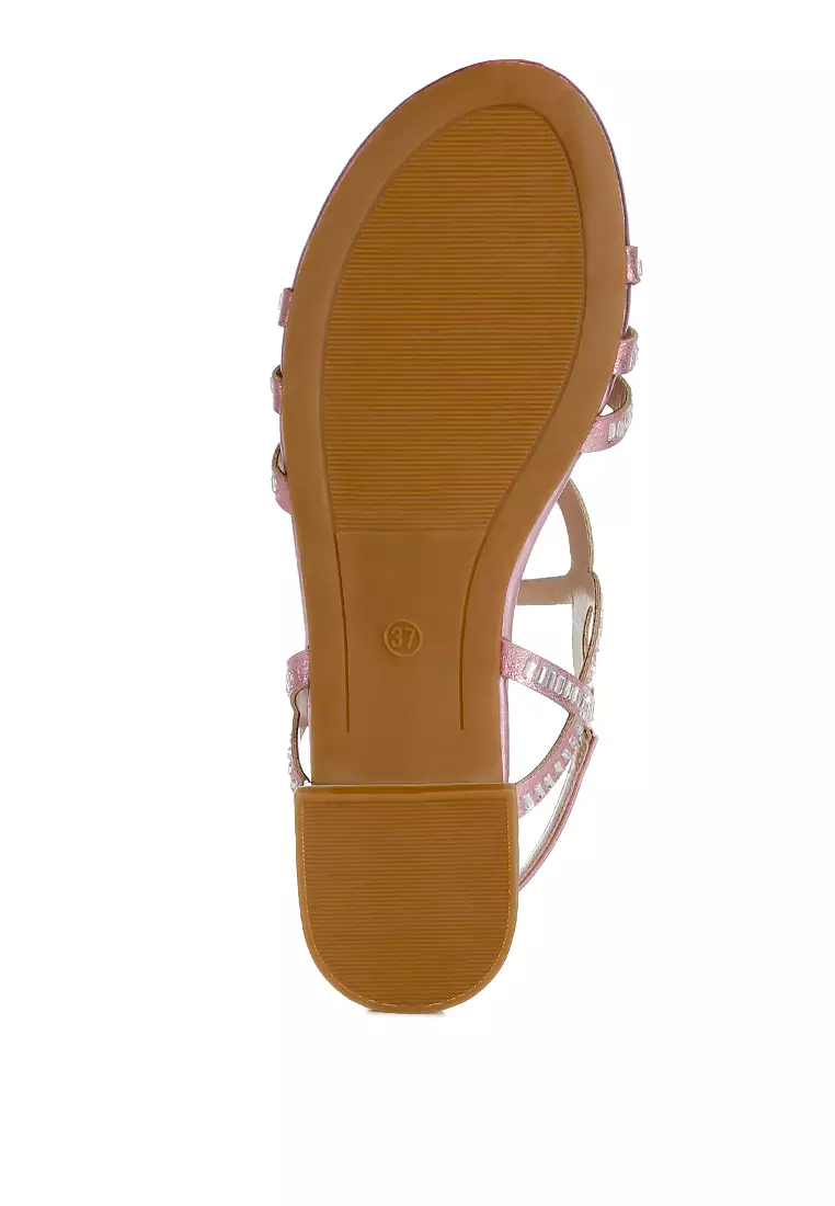 Cut Out Detail Rhinestone Flat Sandals in Pink
