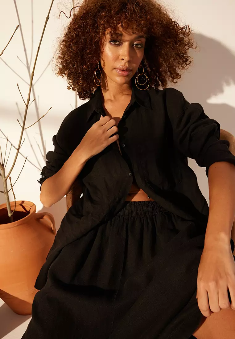 Black 1% Linen Pocket Detailed Oversized Shirt Twoss26Go39