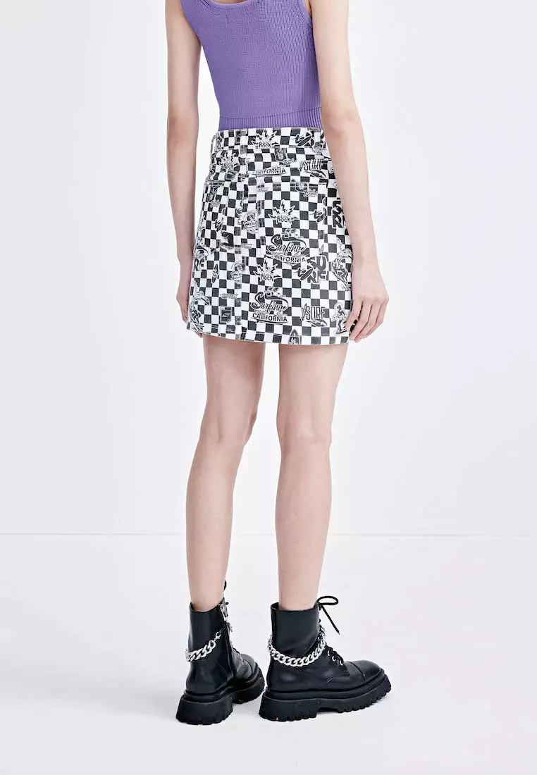 Black and white checkered best sale denim skirt