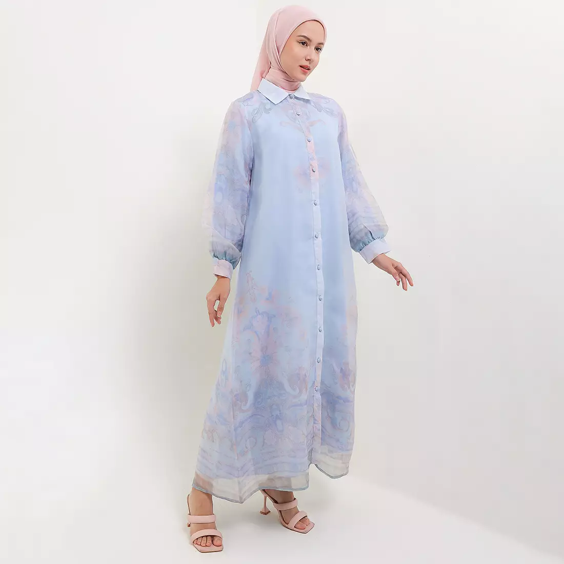 MFMW Elkaira Dress Gamis Satin Biru Motif