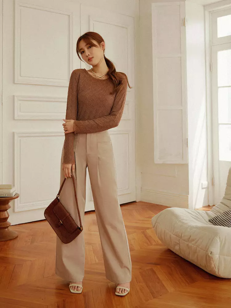 Solid Color Skin-Friendly 3D Texture Round Neck Long Sleeve Top [AB17955]