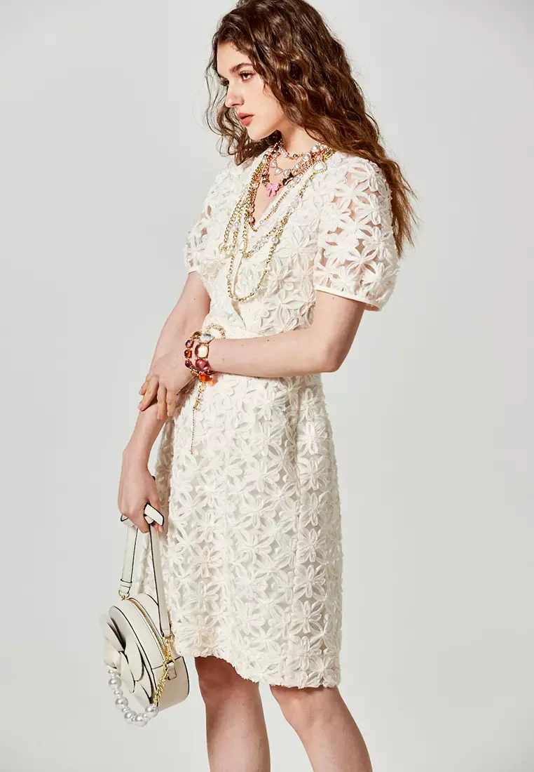 3-D Floral Mesh Midi Dress