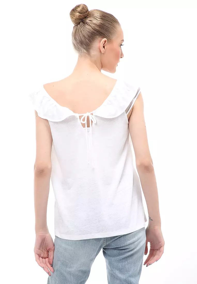 Baju Atasan Ruffled Linen Blend Jersey Wanita Relaxed Fit - White
