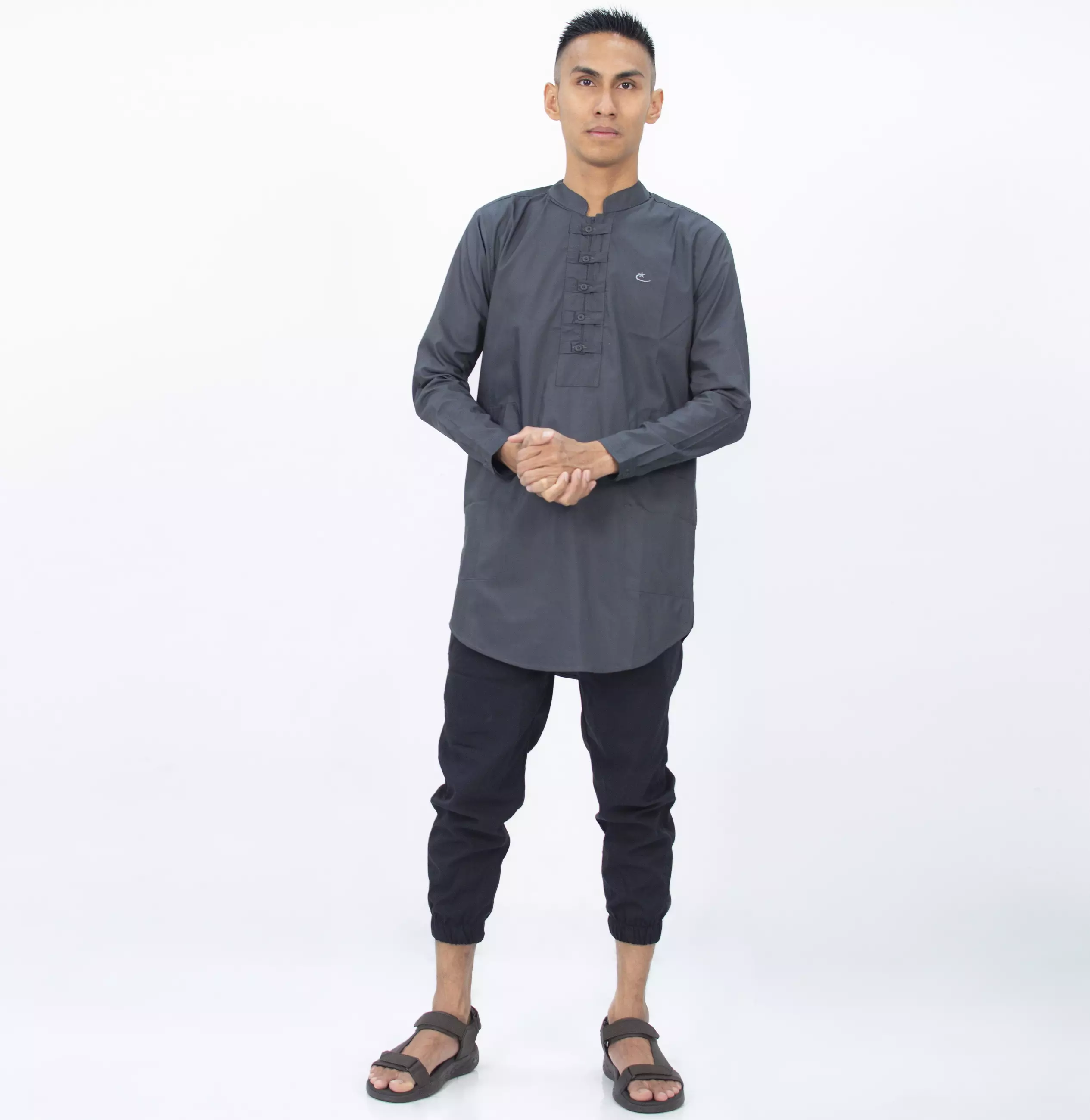 SHAMS Baju Lebaran Baju Koko Lengan Panjang Kemeja Koko Lengan Panjang - ABU TUA