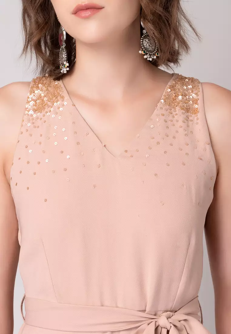 SIDDARTH TYTLER X FAballey Peach Embellished Neck Jumpsuit With Belt