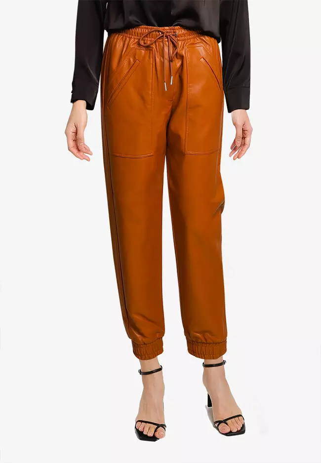 Brown High Rise Vegan Leather Jogger Pants Online Shopping