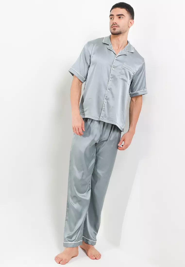 Pyjama Pijama Baju Tidur Satin Silk Kantong Baju Short Sleeve Long Pants Mens Pria Sleepwear