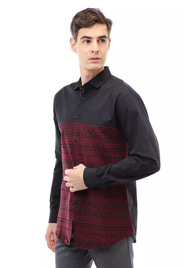 Dwan Atasan Kasual Kemeja Pria Lengan Panjang Kombinasi Warna Material Cotton ORIGINAL - Black