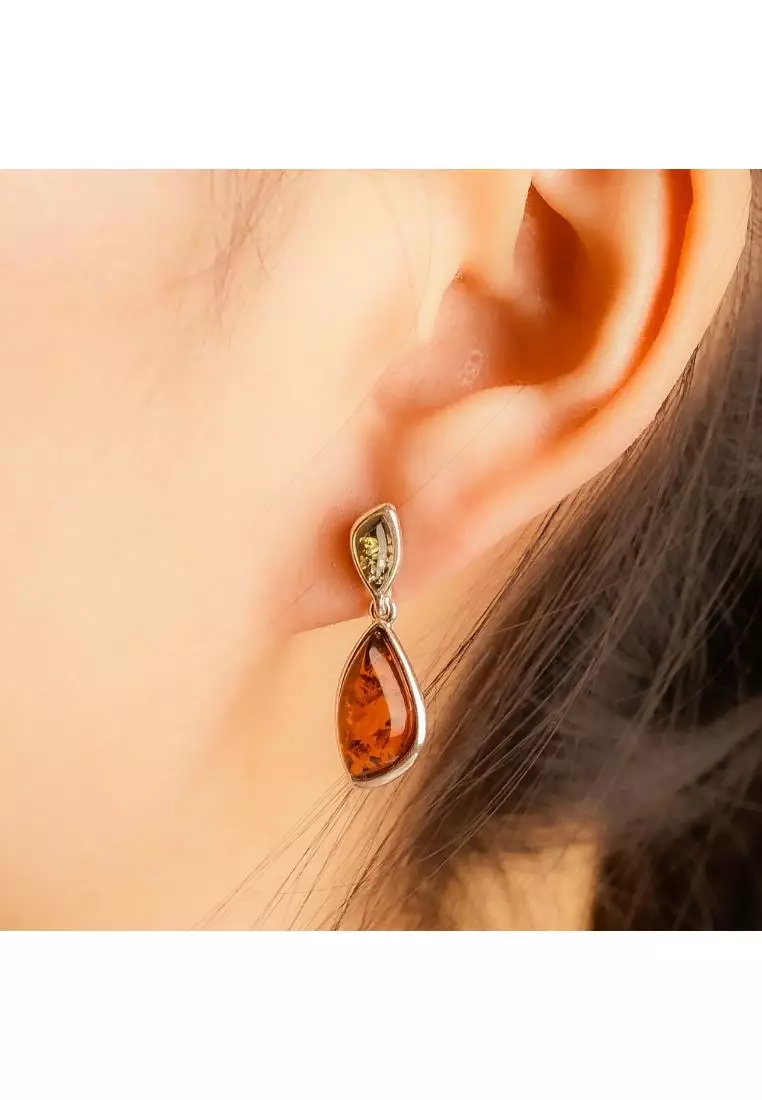Multifaceted Baltic Amber Tear Drop Silver Drop Earrings with 925 Sterling Silver