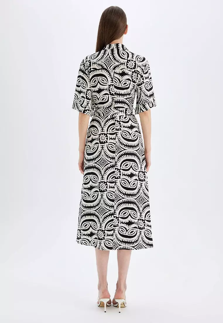 Shirt Collar Patterned Linen Blend Half Sleeve Midi Dress
