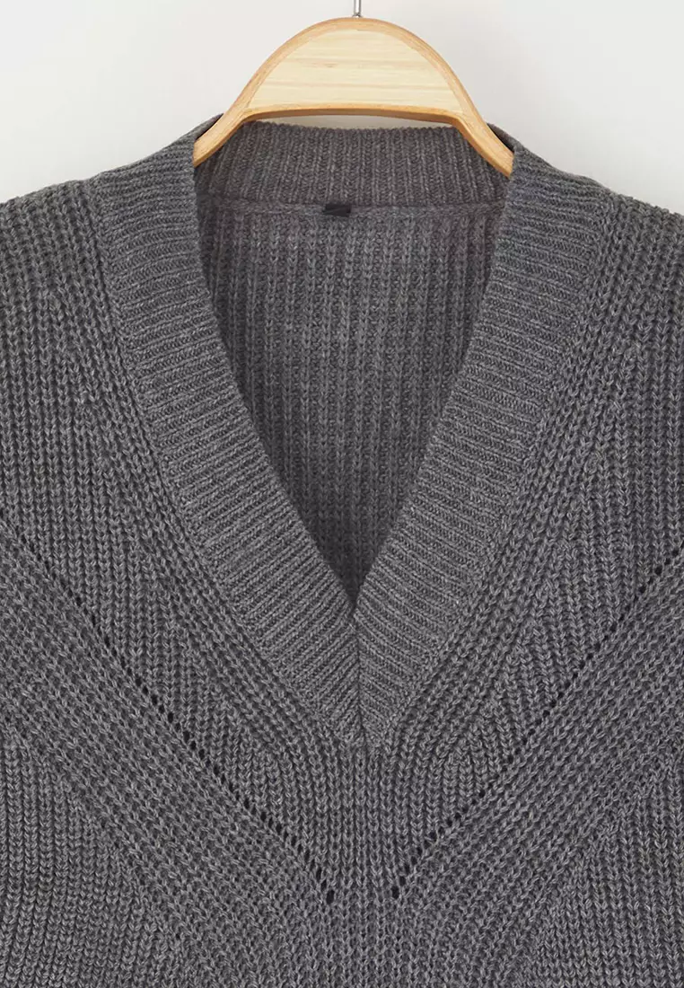 Anthracite Openwork/Perforated V Neck Knitwear Sweater