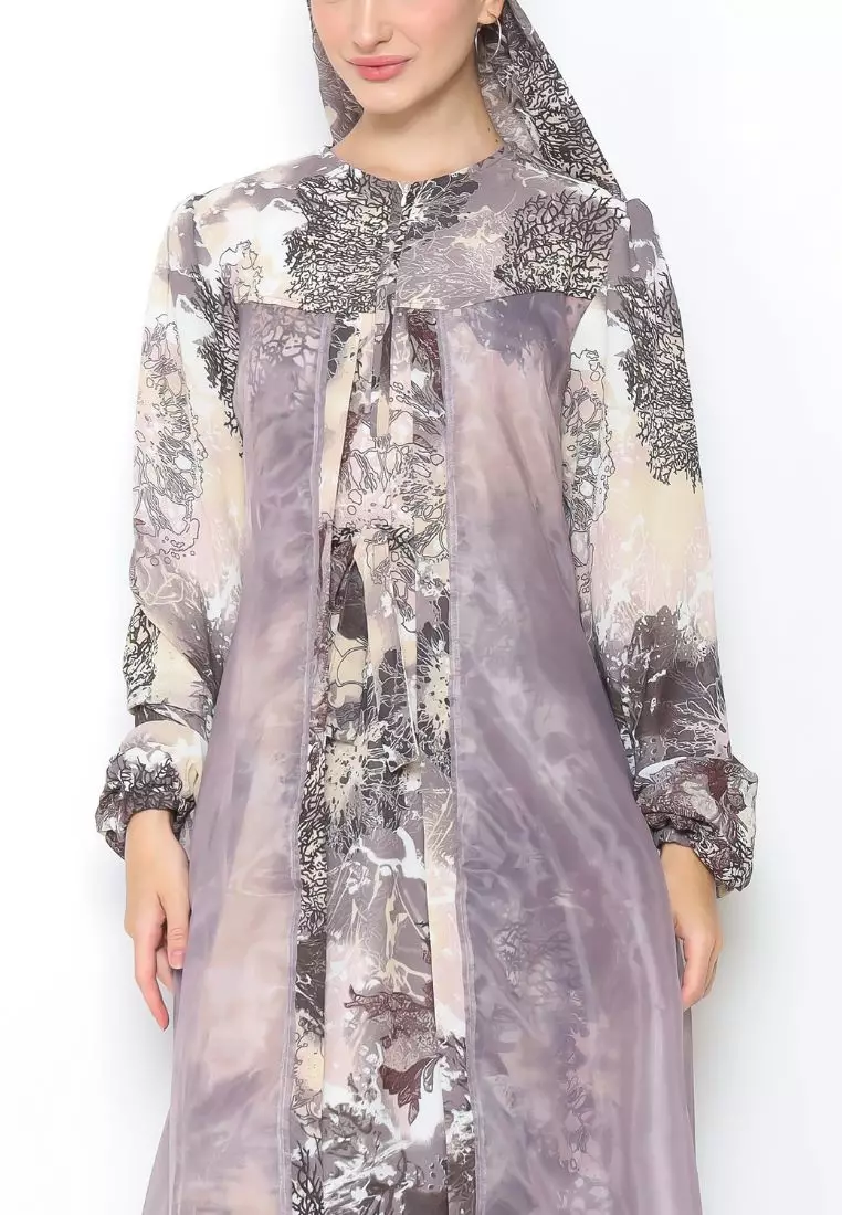 Rinjanie x Senorita  - Gamis Rosslen Cokelat - Gamis Set Scarf Raya - Gamis Set - Gamis Printing Mix Organza - Dress Raya - Dress mix organza - GMKY - CT