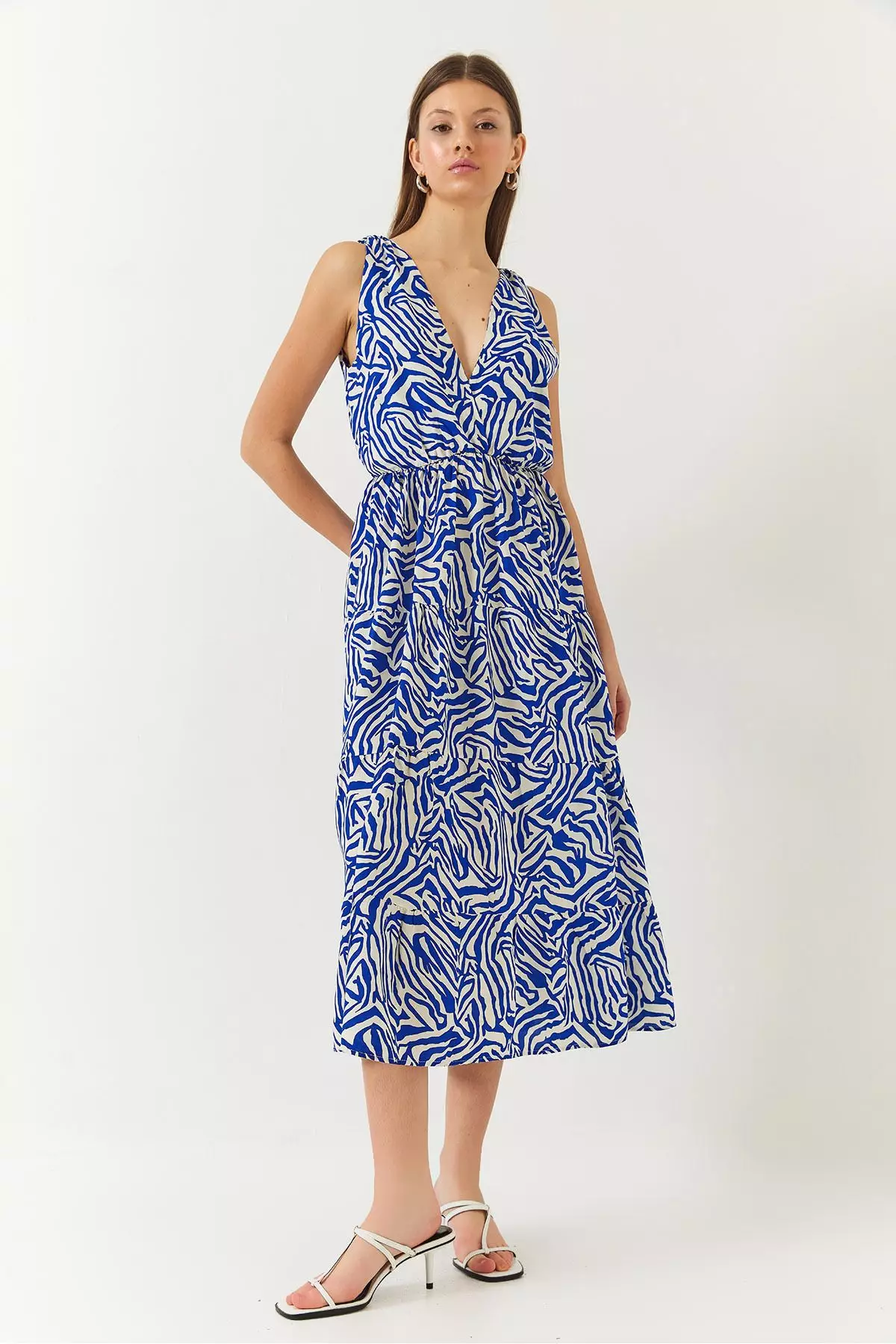 Women's Double Breasted Neckline Elastic Waist Back Rope Tie Print Dress 60261428