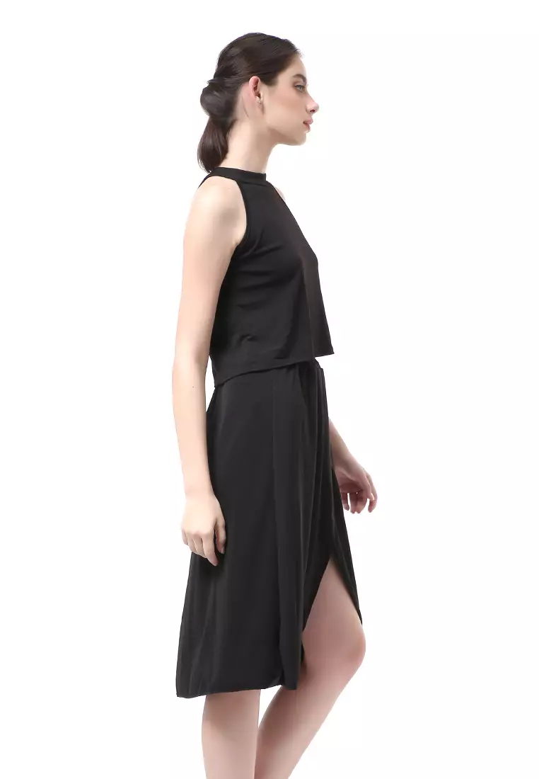 Rachel Sexy Dress Wanita Tanpa Lengan Model Belah Samping Material Mosscrepe ORIGINAL - Black