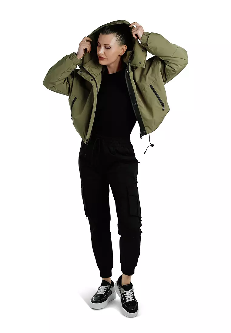 Drawstring Cropped Woven Jacket in Olive