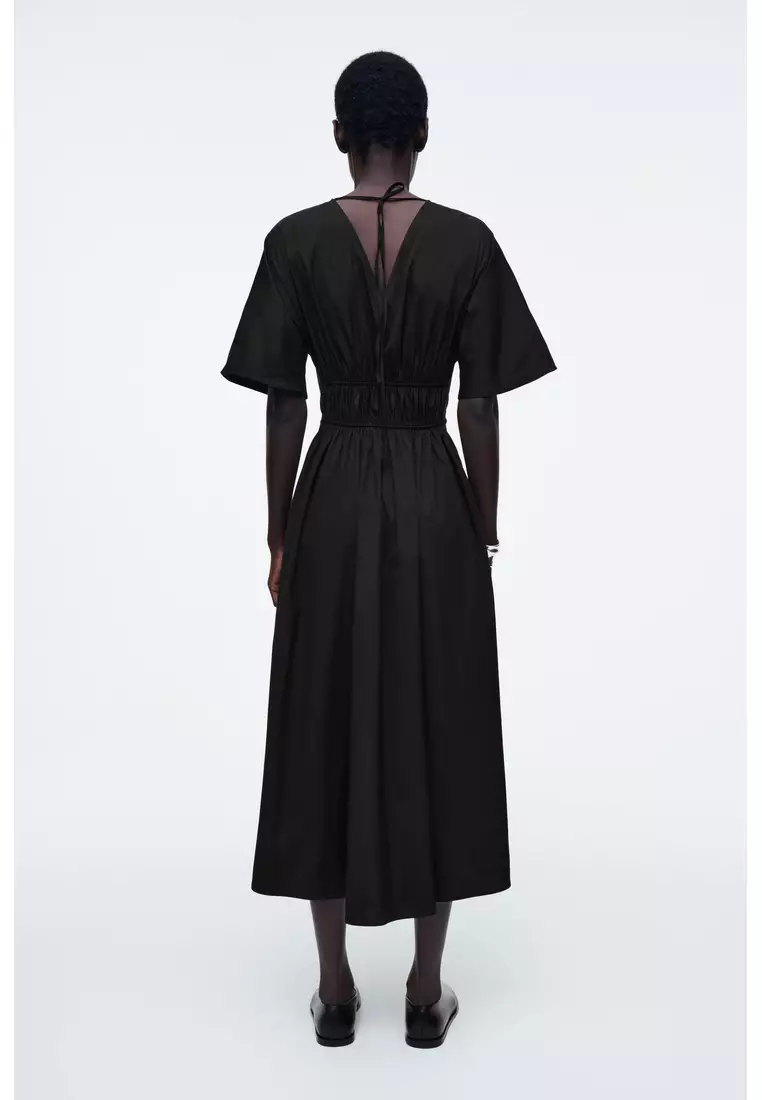 GATHERED OPEN-BACK MIDI DRESS