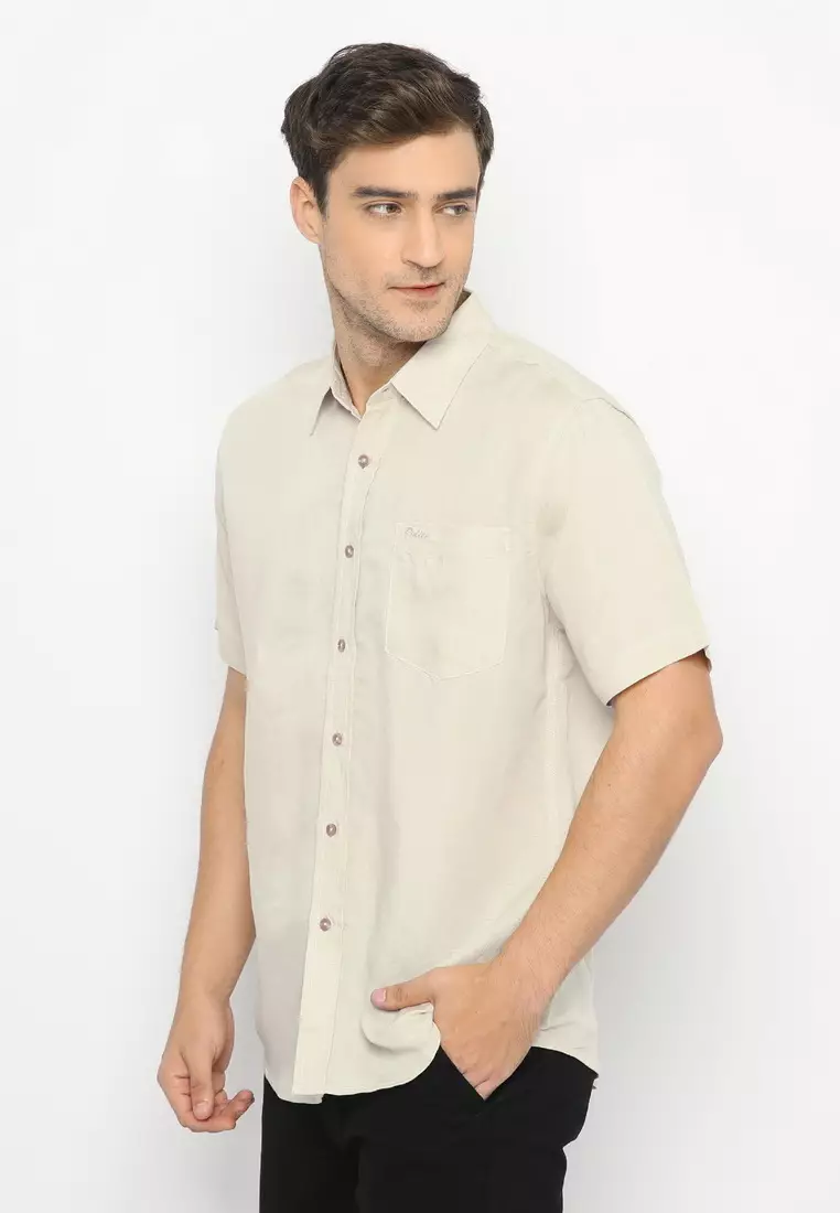 POLICE Kemeja Polos Linen Slub Cream Regular Fit Pria