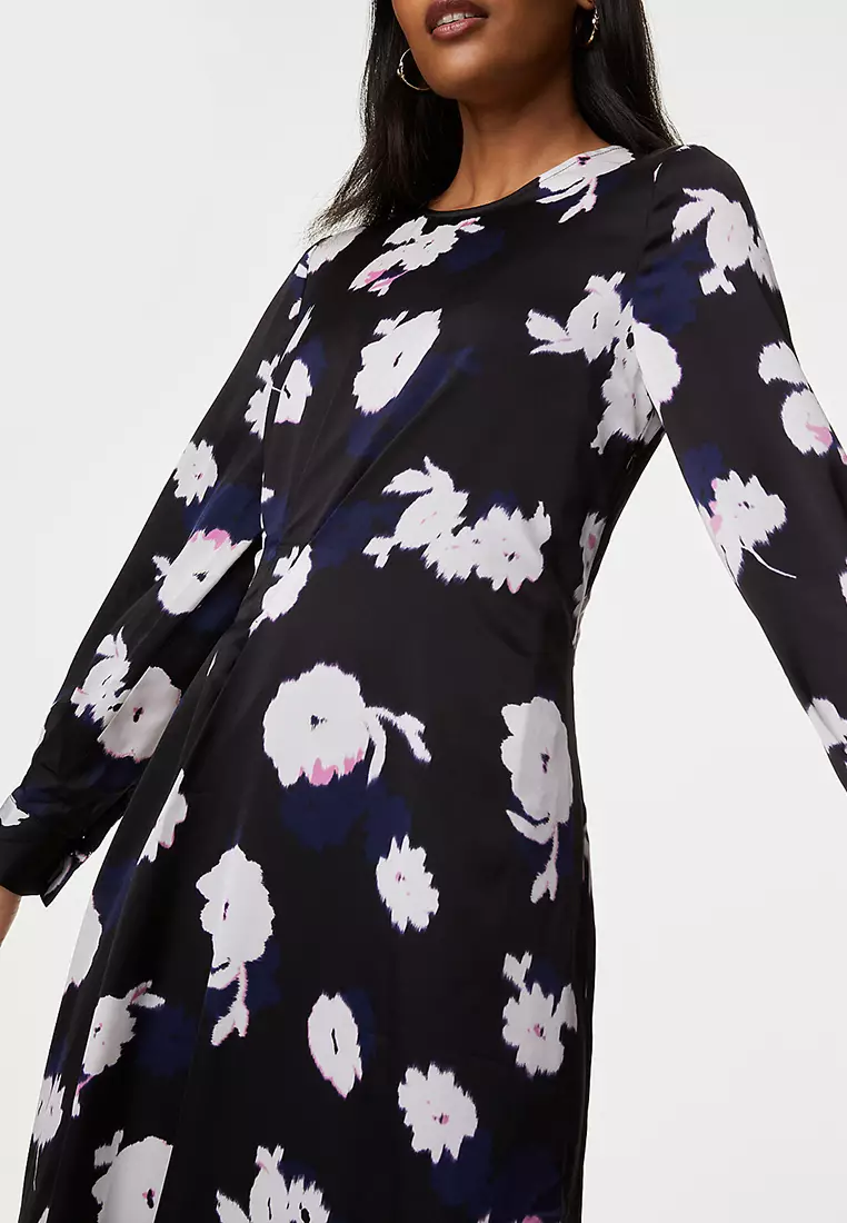 Satin Floral Round Neck Midi A-Line Dress