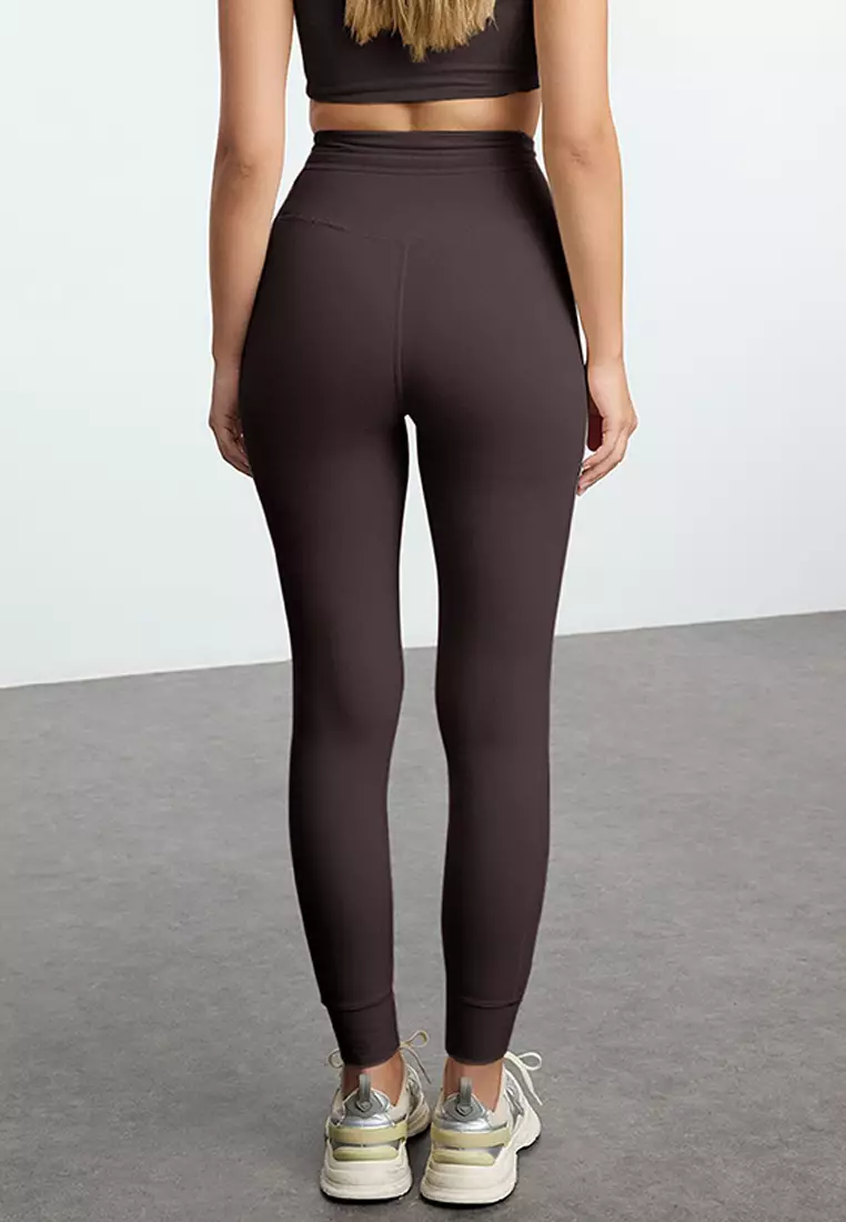 Brown Brushed Soft Fabric Pocket and Tie Detail Full Length Knitted Sports Tights THMAW25TY00014