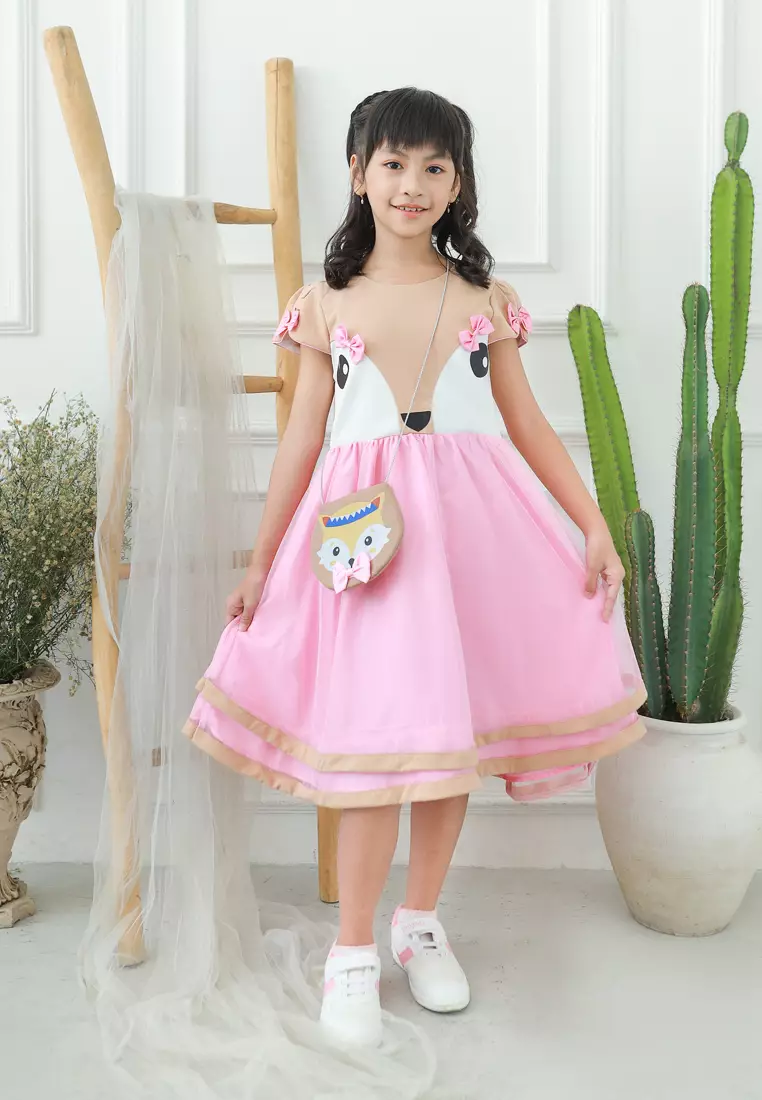 Two Mix Dress Anak Perempuan Bahan Kaos Scuba Gratis Tas Lucu Musang Usia 1-12 tahun 4130
