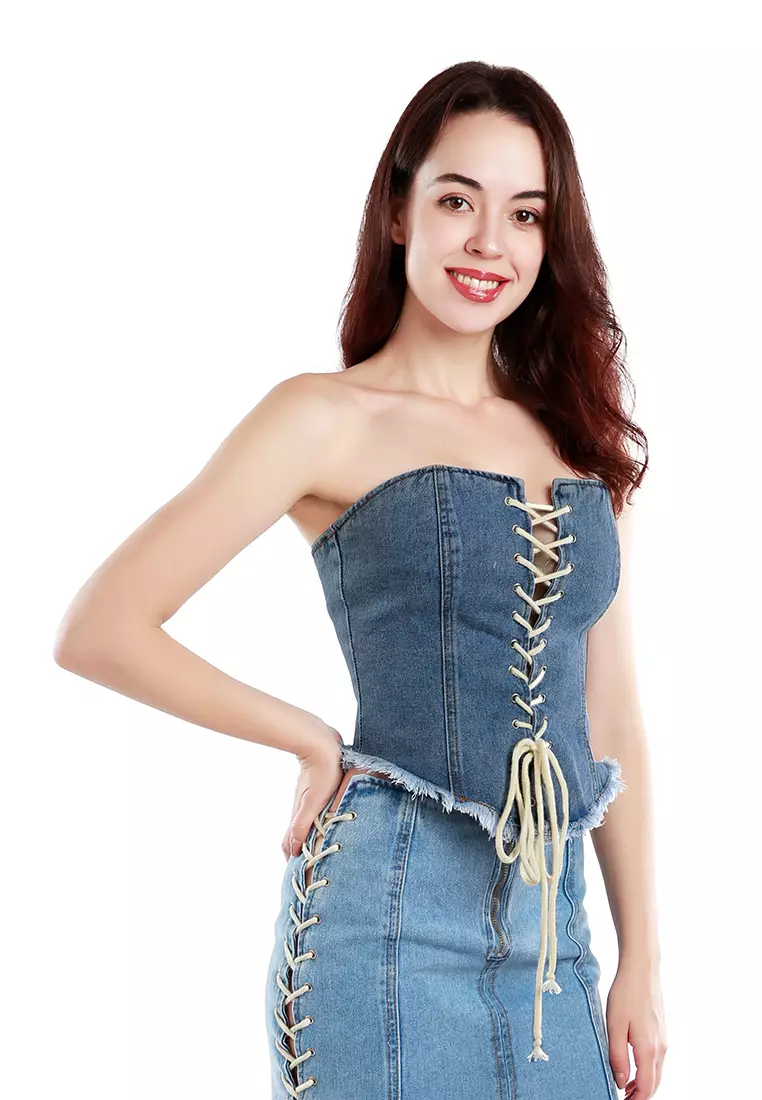 Jeans Blue Lace Up Denim Corset Top