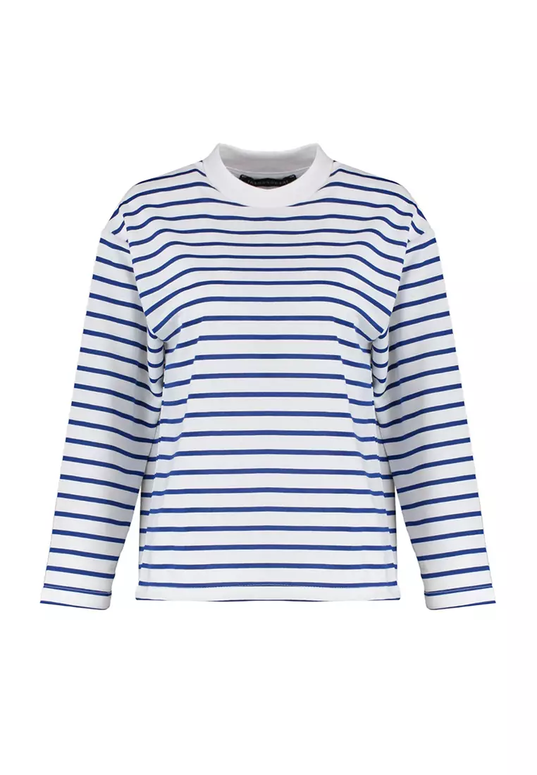Striped Oversize/Wide-Fit Crew Neck Thin Knitted Sweatshirt