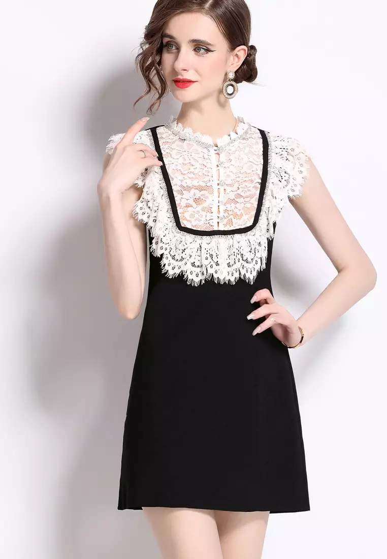 Sunnydaysweety 2024 New Style Temperament Black Lace Rhinestone ...