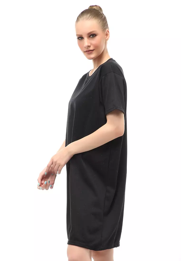 Finch Midi Dress Wanita Short Sleeves Motif Polos - Hitam