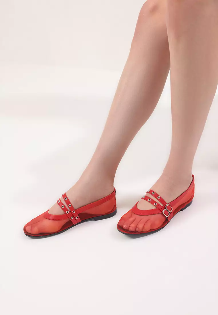 Red Mesh Detailed Eyelet Belt Buckle Mary Jane Women's Ballerina Flats Takss25Be00046